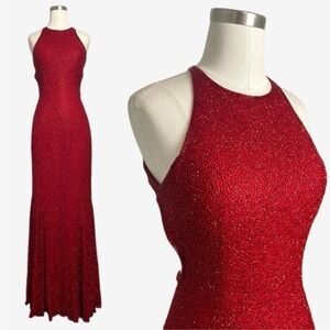 VTG Cache Maxi Dress Gown 100% Silk Red Heavily Beaded Formal Prom Women Small